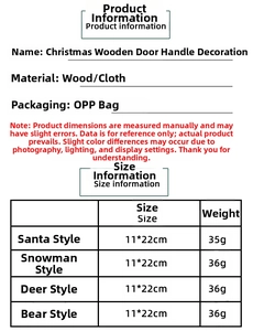 Detailed size chart for Christmas cartoon wooden door hangers featuring Santa and Snowman