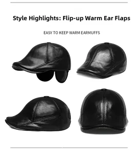 Detailed views of leather flat cap featuring foldable earmuffs and premium stitching