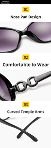 Detail showing oversized black frames with gradient purple lenses and golden double ring hinge