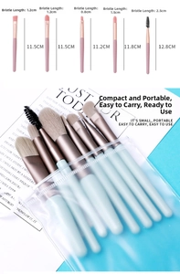 Size chart showing dimensions of different makeup brushes including bristles and total length