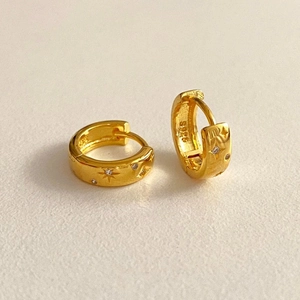 S925 sterling silver gold hoop earrings with starburst engraving and zircon inlay