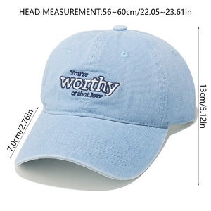 Detail view of sky blue baseball cap with 3D embroidery and dimensions specifications