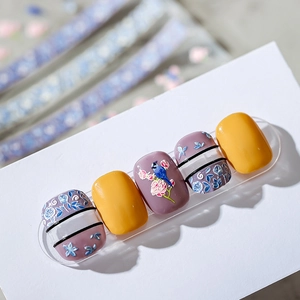 Stickers ongles 3D en relief avec motifs fleurs et oiseaux en violet et jaune