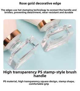 Detail of transparent square PS resin handle with rose gold stamping on the makeup brush