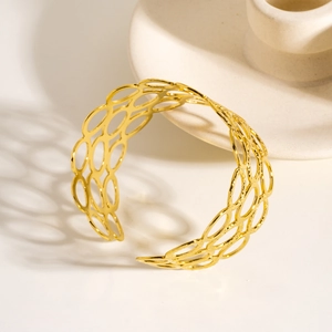 Fashionable gold stainless steel open bangle with unique oval hollow grid textured design