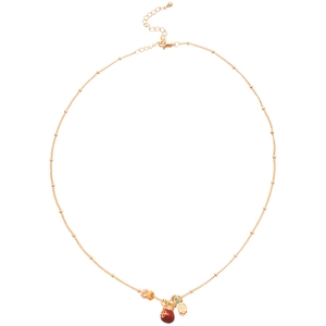Gold plated necklace with red enamel lucky bag pendant and small charms on a bead chain