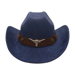Detail of navy blue suede cowboy hat with brown leather band and silver bull head emblem