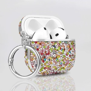 Macro detail of sparkly colorful rhinestone studded protective case for AirPods Pro with ring