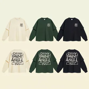 Herren Oversize Langarmshirt Reiner Baumwolle Schweres Layered Design Grafikdruck Streetwear Retro Rundhals