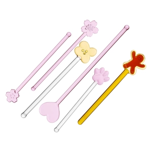 Heat resistant glass stirrers set featuring cherry blossom, cat paw, and heart shapes