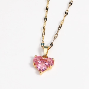 Heart Pendant Necklace Gold Plated Stainless Steel Pink Zircon Clavicle Chain Elegant Jewelry For Women