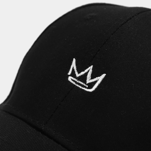 Retro black cotton baseball cap featuring high-quality white crown embroidery detail