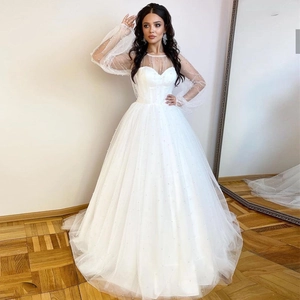 Robe De Mariée Élégante Blanc Ivoire Avec Künstliche Perles Manches Bouffantes Longues Tulle Ligne A Pour Femmes