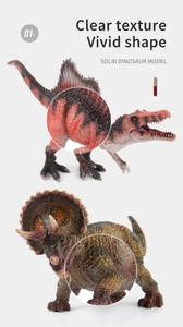 Detailed macro view showing clear skin texture on solid Spinosaurus and Triceratops models