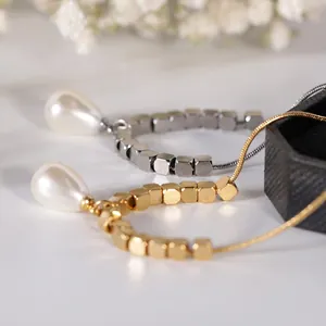 Stainless Steel Snake Chain Necklace With Geometric Square Beads And Teardrop Artificial Pearl Pendant For Women Elegant Jewelry