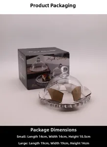 Size specifications for glass dessert cloche and snack plate with packaging dimensions