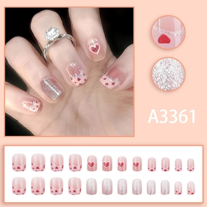 Pink gradient press-on nails with red hearts and silver glitter, 24 piece French style set