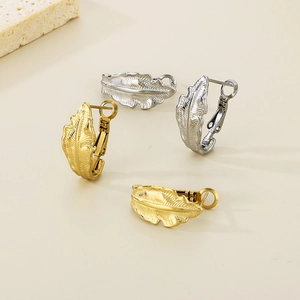 Elegant leaf texture stainless steel hoop earrings in gold and silver finish