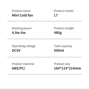 Detailed technical specifications table for Mini Cold fan Model L7 showing size and power