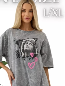 Damen Baumwolle T-Shirt Oversized Acid Wash Grau Retro Skulptur Herz Print Drop Shoulder Street Style Oberteil