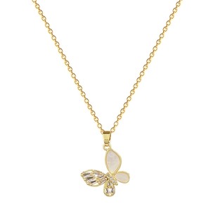 Titanium steel butterfly necklace with crystals and shell inlay on gold chain