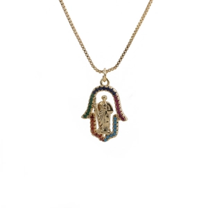 Golden Hamsa pendant necklace with colorful zircon stones and fine box chain