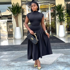 Elegant sleeveless high neck black pleated midi dress set for stylish women's fashion
