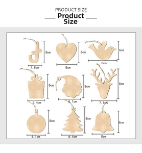 Size chart showing laser-cut wooden Christmas ornaments in various festive shapes with dimensions