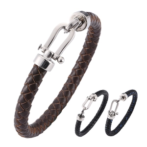 Braided leather bracelet for men with stainless steel horseshoe clasp in multiple colors