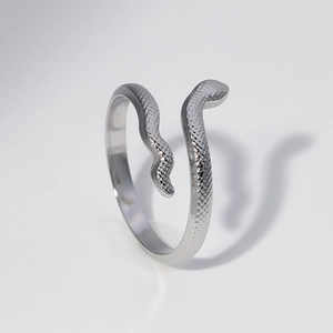 Adjustable silver snake-shaped stainless steel ring with detailed realistic scale texture