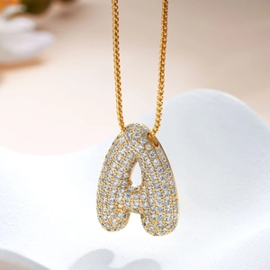 18K gold plated necklace with large letter A pendant paved in cubic zirconia stones