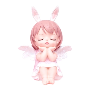 Pink angel girl figurine with bunny ears and wings in a cute sleeping pose decor