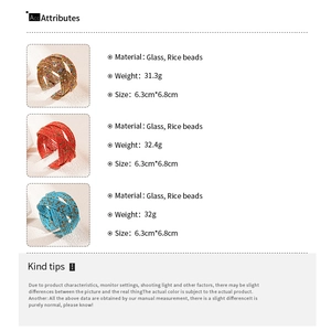 Detailed view of multilayer bohemian glass rice bead cuff bracelets with dimensions
