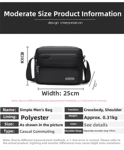 Detailed view of black nylon shoulder bag with dimensions 20x25x7cm and metal logo
