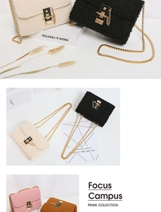 Detail of plush faux fur shoulder bags in beige, black, pink and brown with gold chain