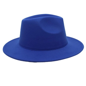 Detail of royal blue wool fedora hat with flat wide brim and classic indented crown