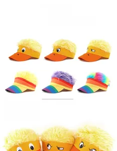 Detail of funny duck sun visor with colorful faux hair and novelty cartoon eye embroidery