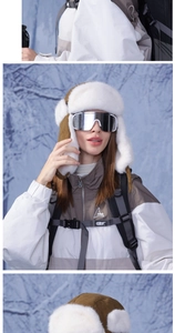 Detail of a brown corduroy winter aviator hat with white faux fur lining for women