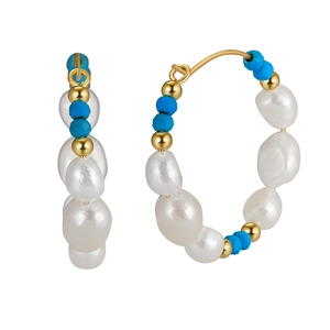 Bohemian drop earrings with natural freshwater pearls, blue beads and golden metal hoops