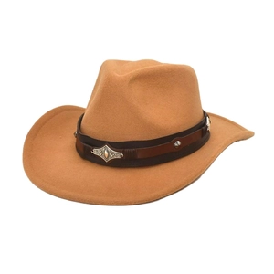 Close-up of western felt hat with leather band and engraved silver metal ornaments