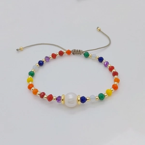Multilayer colorful beaded bracelet set with natural pearl and smiley face charm