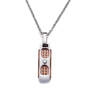 Collana con pendente rettangolare bicolore argento e oro rosa con cristallo e incisione Love