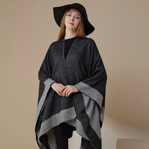 Women Elegant Double Sided Imitation Cashmere Shawl Wrap Color Block Striped Poncho Cape Open Front Warm Scarf Outerwear
