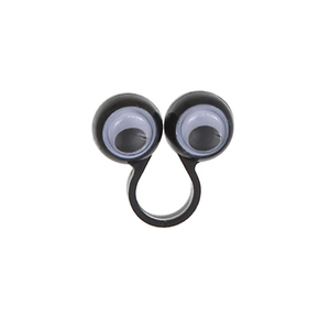 Close-up of a novelty black plastic ring featuring two large cartoonish googly eyes