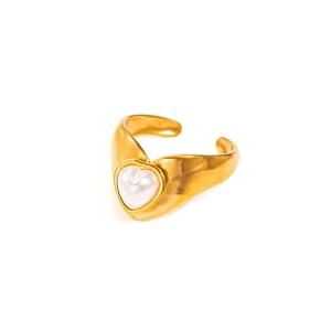 Adjustable gold star ring with heart-shaped pearl inlay and matte stainless steel finish