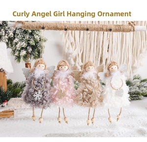 Détails de poupées anges à cheveux bouclés avec ailes en peluche et têtes en bois