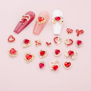 Red heart nail art charm set with gold metal frames and bow-knot rhinestones