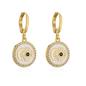Gold 18K plated hoop earrings with white enamel evil eye pendant and crystal halo