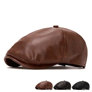 Classic leather newsboy cap for men in retro style, available in brown and black colors
