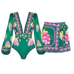 Detail of green deep V-neck long sleeve swimsuit set with vintage grape floral prints